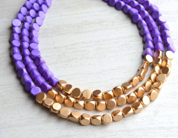 Purple Gold Beaded Necklace, Statement Necklace, Wood Bead Necklace, Gifts For Women - Lisa