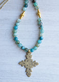 Blue Long Beaded Ethiopian Cross Boho Statement Necklace - Imi