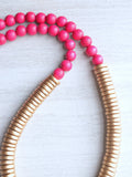 Pink Gold Statement Necklace Wood Bead Necklace Long Beaded Necklace Gifts For Her - Elena