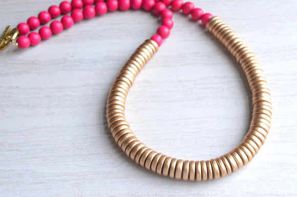 Pink Gold Statement Necklace Wood Bead Necklace Long Beaded Necklace Gifts For Her - Elena