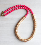 Pink Gold Statement Necklace Wood Bead Necklace Long Beaded Necklace Gifts For Her - Elena