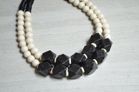 Black White Statement Necklace Wood Beaded Necklace Chunky Multi Strand Necklace Boho Jewelry - Riley