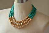 Green Gold Wood Beaded Chunky Multi Strand Statement Necklace - Lisa