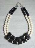 Black White Statement Necklace Wood Beaded Necklace Chunky Multi Strand Necklace Boho Jewelry - Riley