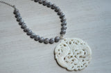 Gray Stone White Jade Pendant Long Boho Chain Statement Necklace - Tai