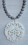 Gray Stone White Jade Pendant Long Boho Chain Statement Necklace - Tai