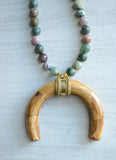 Green Horn Pendant Boho Beaded Long Statement Necklace - Palawan