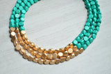 Green Gold Wood Beaded Chunky Multi Strand Statement Necklace - Lisa
