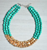 Green Gold Wood Beaded Chunky Multi Strand Statement Necklace - Lisa