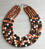 Brown Black Wood Statement Necklace Chunky Wooden Necklace - Cubist