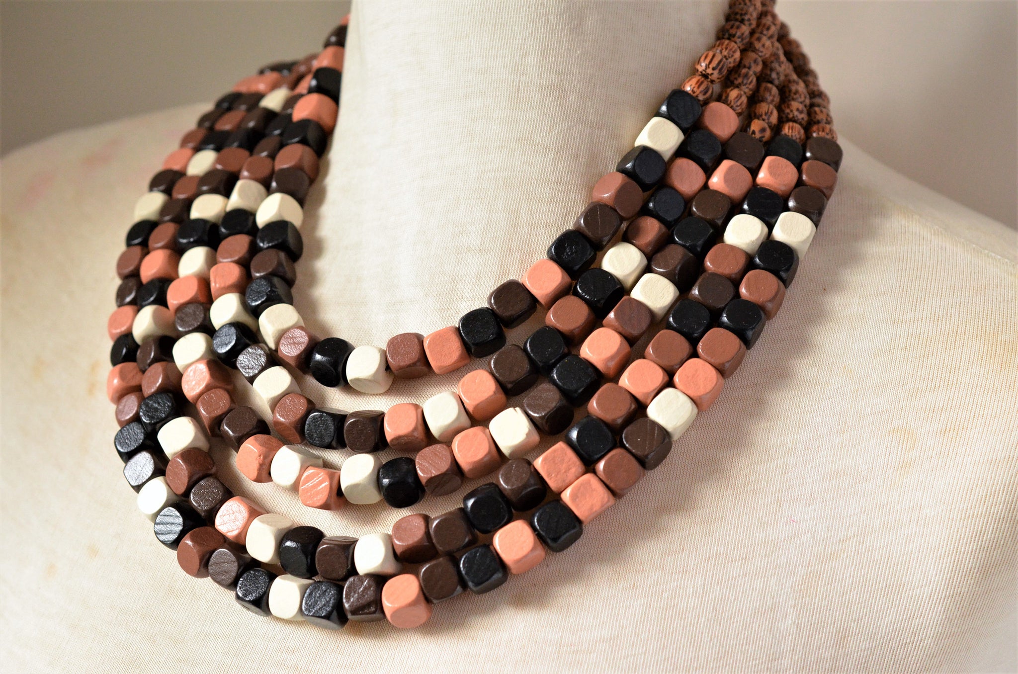 30 Mm Black and Light Brown Wooden Beads Necklace 