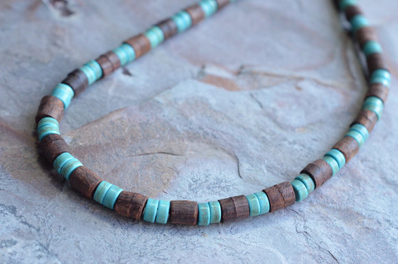 Wood Mens Necklace, Surfer Necklace, Turquoise Necklace, Wooden Necklace, Gift For Him - Dennis