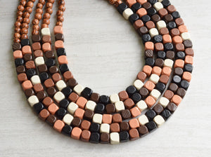 Brown Black Wood Statement Necklace Chunky Wooden Necklace - Cubist