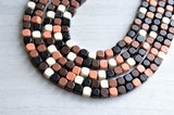 Brown Black Wood Statement Necklace Chunky Wooden Necklace - Cubist