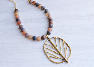 Brown Agate Bead Leaf Pendant Long Chain Boho Statement Necklace - Arborist