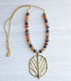 Brown Agate Bead Leaf Pendant Long Chain Boho Statement Necklace - Arborist