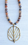Brown Agate Bead Leaf Pendant Long Chain Boho Statement Necklace - Arborist