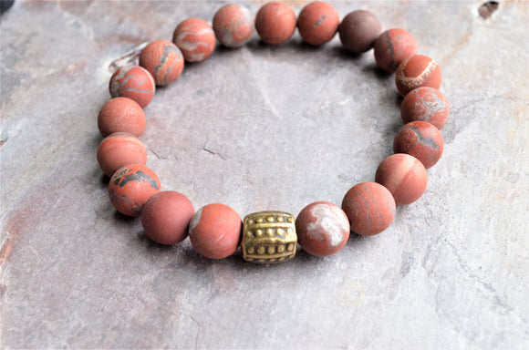 Mens Brown Red Stretch Jasper Matte Bead Bracelet - Thompson