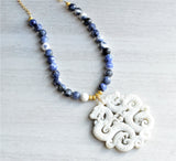 Blue White Beaded Jade Pendant Long Statement Necklace - Tai