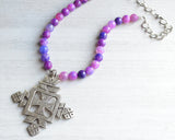 Purple Statement Necklace, Cross Necklace, Long Beaded Necklace - Imi