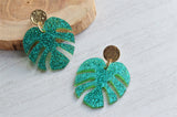 Green Tropical Glitter Palm Leaf Big Dangle Statement Earrings - Tropicana