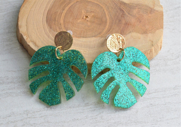 Green Tropical Glitter Palm Leaf Big Dangle Statement Earrings - Tropicana