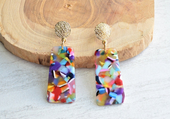 Multi Color Lucite Acrylic Terrazzo Dangle Womens Statement Earrings - Nevaeh