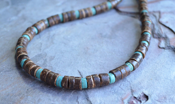 Wood Turquoise Blue Brown Mens Beaded Surfer Necklace - Dennis