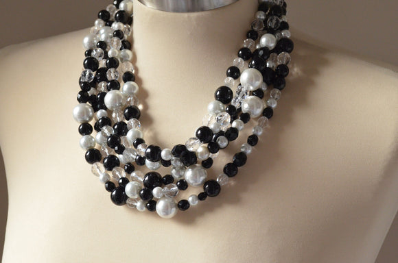Crystal Black Crystal Pearl Beaded Multi Strand Chunky Statement Necklace - Melissa
