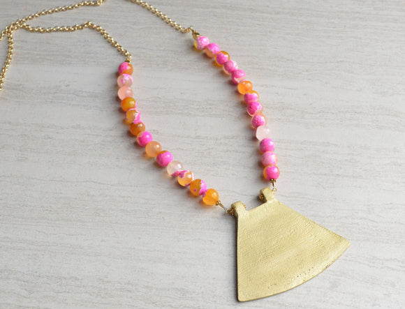 Pink Statement Necklace, Orange Bead Necklace, Agate Necklace, Gold Pendant Necklace - Ultimo