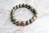 Green Brown Agate Stone Beaded Stretchy Mens Bracelet - Thompson