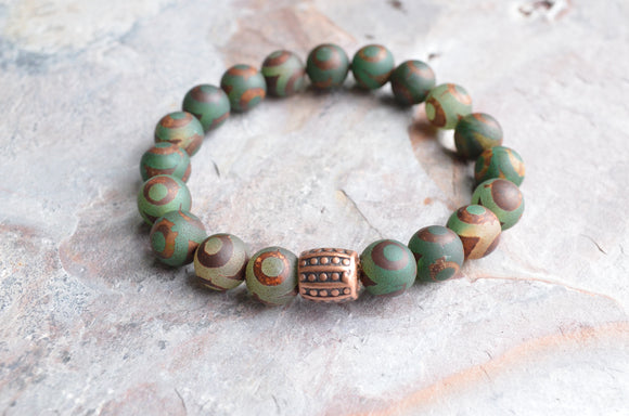 Green Brown Agate Stone Beaded Stretchy Mens Bracelet - Thompson