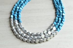 Blue Silver Wood Bead Chunky Multi Strand Statement Necklace - Lisa