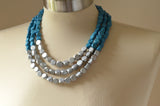 Blue Silver Wood Bead Chunky Multi Strand Statement Necklace - Lisa