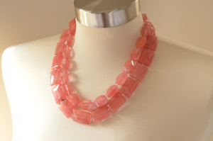Pink Cherry Quartz Glass Multi Strand Chunky Beaded Statement Necklace - Warhol