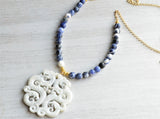 Blue White Beaded Jade Pendant Long Statement Necklace - Tai