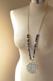 Blue White Beaded Jade Pendant Long Statement Necklace - Tai