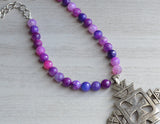 Purple Statement Necklace, Cross Necklace, Long Beaded Necklace - Imi