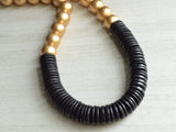 Gold Black Chunky Wood Beaded Womens Long Statement Necklace - Elena