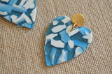 Blue White Heart Lucite Acrylic Big Dangle Statement Earrings