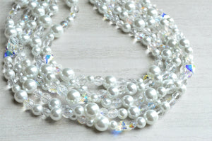 Clear White Pearl Heart Crystal Beaded Statement Necklace - Melissa