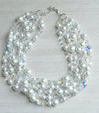 Clear White Pearl Heart Crystal Beaded Statement Necklace - Melissa