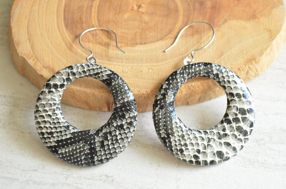 Snakeskin Print Faux Leather Hoop Animal Print Statement Dangle Earrings