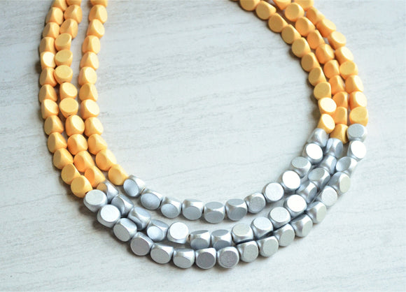 Yellow Silver Wood Beaded Multi Strand Boho Statement Necklace - Lisa