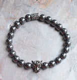 Mens Gray Stone Hematite Panther Bead Stretch Bracelet