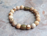 Mens Beige Matte Jasper Stone Skull Stretch Bracelet - Beck