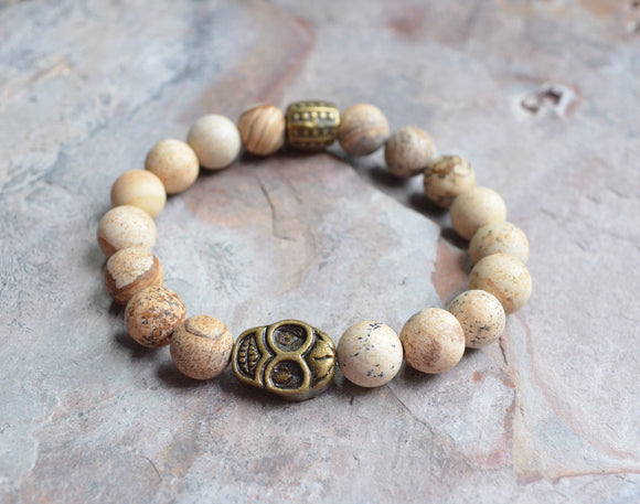 Mens Beige Matte Jasper Stone Skull Stretch Bracelet - Beck