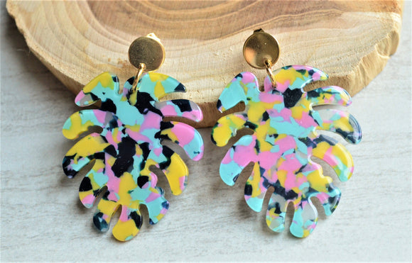 Statement Colorful Palm Leaf Acrylic Earrings - Tropicana