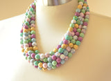 Multi Color Pastel Chunky Beaded Stone Statement Multi Strand Necklace - Alana