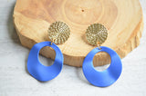 Blue Gold Matte Big Hoop Large Dangle Statement Earrings - Grace